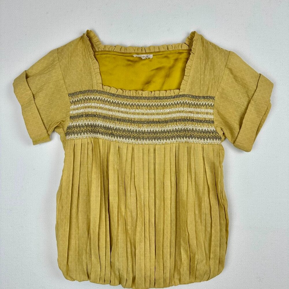 Mystree Anthropologie SS Smocked Blouse Shirt Pleated Boho
